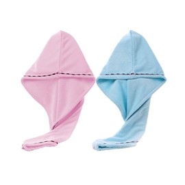 Microfibre Hair Towel, 2 Pack Hair Turbans for Wet Hair with Button, Anti Frizz Hair Turban, Super Absorbent Hair Towel Wrap for Women Curly, Long, Short Hair (Blue & Pink)