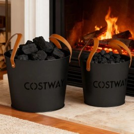 Set of 2 Metal Ash Buckets 11.5 & 8.5 Gal Capacity for Fireplace Fire Pits-Coal Ash Can Accessory SetMain Material: Wood+Metal, Main Color: Black