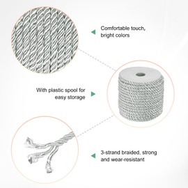 M METERXITY 22 Yards Twisted Rope Trim, 5mm/0.2" Silver Gray Soft Polyester Twisted Silk Rope Cord 3-Ply Decorative Cord for Gift Bag/DIY Crafts/Home Decor/Curtain Tieback