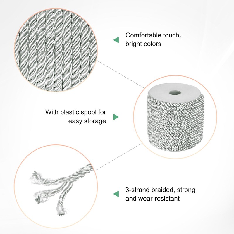 M METERXITY 22 Yards Twisted Rope Trim, 5mm/0.2" Silver Gray