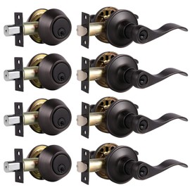 4 Sets-Entry Door Lever and Double Cylinder Deadbolts Combo Pack in Oil Rubbed Bronze Finish, Front Handlesets Combination Set, Keyed Alike Lockset Exterior and Interior, Wave Style, Contractor Pack