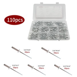 ASLLRISONY 110pcs Rivets Pop Rivets Assortment Kit, 5 Sizes Aluminum Rivets (3/16'),Aluminum blind pro Rivets for DIY/Automotive Repairs/Metal/Furniture/Instruments(Silver,3/16")