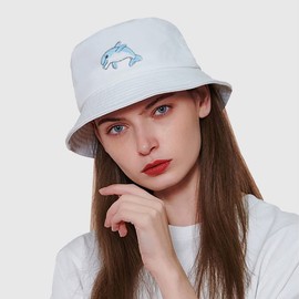 Taidor Cotton Bucket Hat Solid Color Beach Hat Summer Travel Sun Hats Fisherman Cap Dolphin White
