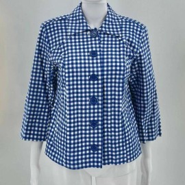 Joan Rivers Women's Blazer Jacket Small Blue Plaid Gingham Button Up 3/4 Sleeve