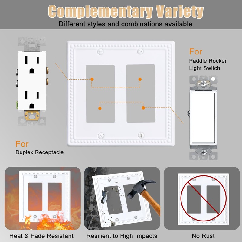 Kisrvopn Metal Outlet Covers Wall Plates, White Beadboard Switch Plate