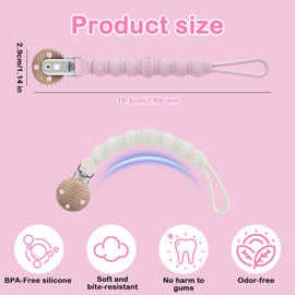 2 Stück Schnullerkette Silikon, Schnullerkette Mädchen Junge, Tragbarkeit Schnullerhalter mit Buchenholz Clip, BPA-frei Sicherheitsgurte für Flaschen, Geeignet für Baby, Hält Schnuller Sauber