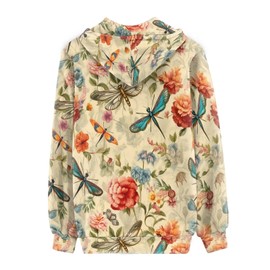 Irisjudy Vintage Dragonfly Floral Women's Hoodies Zip-Front Hooded Sweatshirt, Colorful Dragonflies Flowers Painting Comfortable Long Sleeve Jersey Jacket with Kangaroo Pockets