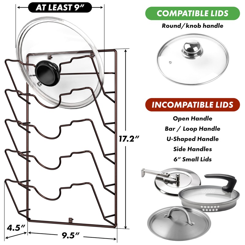 Simple Houseware Wall Door Mounted Pot Lid Rack, 9.5" Wx4.5