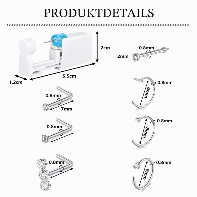 AceFun Pack of 9 Nose Piercing Gun Kit, Silver Piercing