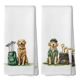 Mcehtle Golden Retriever Golfing Kitchen Towels Set of 2, Dog Gifts for Golf Lovers, Funny Kitchen Stuff, Sports Gifts, Pet Golf Club Decorative Tea Towels Dish Towel, 16x24 Inch