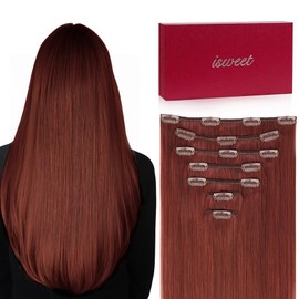 Straight Clip in Hair Extensions Real Human Hair, 7Pcs 14 Inch 95g #33 Auburn Brown Invisible Natural Soft Real Human Hair Extensions Clip ins, Double Weft Hair Extensions Real Human Hair for Women