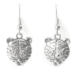 Tiger Head/Face – Cartoon - 23x17mm - Silver alloy charm dangle earrings. Hypoallergenic Stainless-Steel Fishhooks or Ball-Post or Silver Plated Ball-Post Earrings Optional