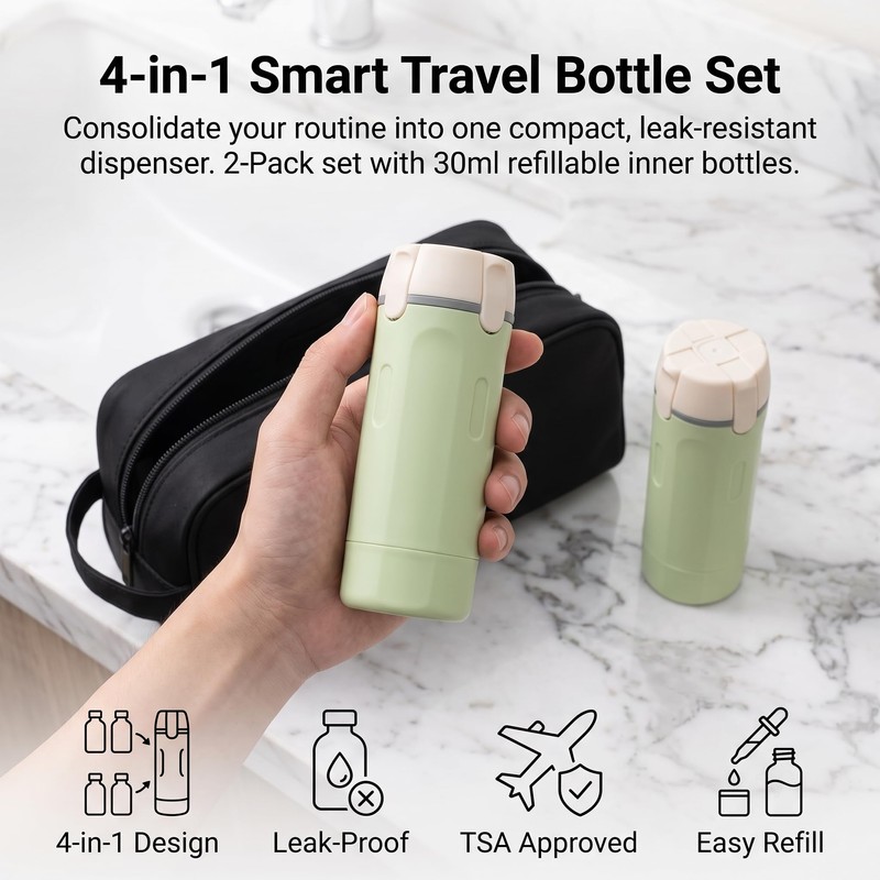 2 Pack 4 in 1 Travel Dispenser Bottles, Green