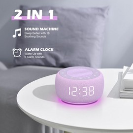 Buffbee Sound Machine & Alarm Clock 2-in-1, 0-100% Clock Face Brightness, Bottom Colored Light, Sleep Timer, Precise 30-Level Volume White Noise Machine, Digital Alarm Clocks for Bedrooms - Purple