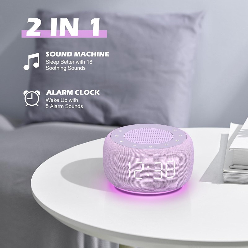 Buffbee Sound Machine & Alarm Clock 2-in-1, 0-100% Clock Face