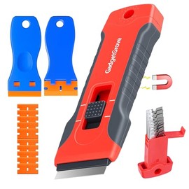 Razor Blade Scraper with 2 Pcs Plastic Scraper, Scraper Tool for Cooktop, Oven, Stove, Labels Decal, Plastic Blades for Clean Glass Window, Scraper Buit-In Blade torage, Upgraded Lock Mechanism,Gray