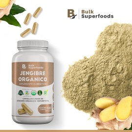 BULK SUPERFOODS | Jengibre Orgánico 100% Natural | 180 Capsulas – 500 mg c/u – Sin Gluten | Suplementos Alimenticios a Base de Jengibre en Capsulas