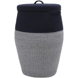 26"x20" Handcrafted Tall Cotton Rope Basket with Lid, Stylish Flagon Shape with Cover, Clothes Hamper with Top, for Bedroom and Living Room, Dark Blue Mix