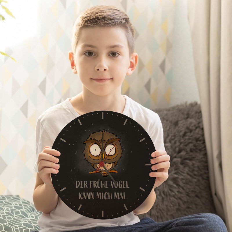 speecheese Owl Wall Clock with Saying Der frühe Vogel kann