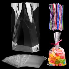 Pack of 100 Clear Cellophane Bags 10 x 15 cm Transparent Cellophane Bags Candy Bags with 100 Twist Bindings Clear Flat Cello Cellophane Bags for Sweet Gift Cupcake Toy Party Favours
