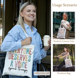LADOCK Speech Therapy Tote Bag, SLP Therapist Canvas Tote Bags for Women, Speech Language Pathologist Gifts, Everyone Deserves a Voice Therapist Reusable Grocery Shopping Bags