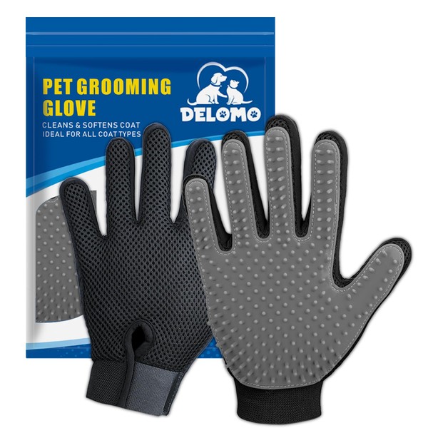 Upgrade Version Pet Grooming Glove - Gentle Deshedding Brush Glove - Efficient Pet Hair Remover Mitt - Enhanced Five Finger Design - Perfect for Dog & Cat with Long & Short Fur - 1 Pair (Gray)