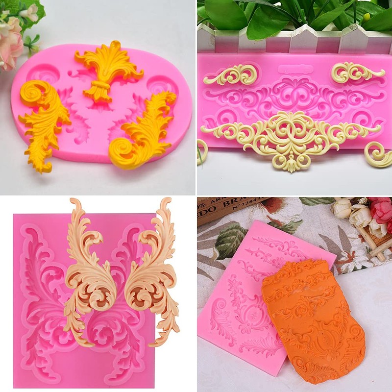 Rainmae 5 Pcs Baroque Style Curlicues Scroll Lace Fondant Silicone