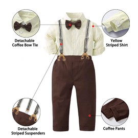 Baby Boy Clothes Toddler Dress Shirt with Bowtie and Suspender Pants Sets Dressy Outfit for Kids, Chocolate Brown, 9-12 Months = Tag 70