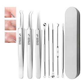 Set of 8, Precision Tweezers, Square Bottle Remover, Tweezers, 0.0004 inch (0.01 mm), Tweezers, Comedo Pusher (with Storage Case), Square Plug, Strawberry Nose, Tweezers, Blackhead for Pore Care, Precise Work