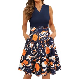 Sureple Casual Summer Dresses for Women 2024 with Pocket Sleeveless V-Neck Retro 60S Knee Length Dress for Graduation(SP319-Navy Multi P1-L)