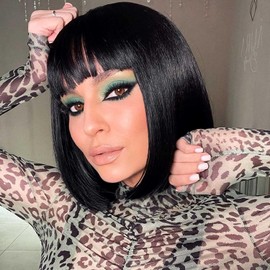 Colorfulpanda Short Black Bob Wigs for Women Natural Synthetic Hair Wig with Fringe Bangs for Cosplay Costume Party or Daily Wear