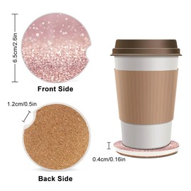 Pink Glitter Absorbent Car Coasters,Pretty Girly Ceramic Cup Holders Coasters with a Finger Notch for Women Men 2.56"(2 Pieces)