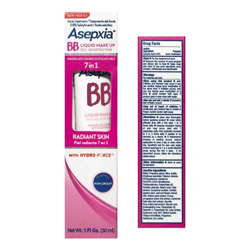 Asepxia Bb Maquillaje Líquido 8 En 1 Autoajustable 2pz 30ml