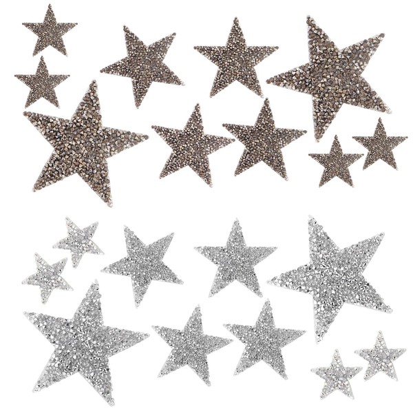 KaTiak 20 toppe termoadesive a stella con strass, adatte per vestiti, jeans e zaini, argento bianco + grigio minerale