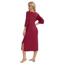 WiWi Women Viscose from Bamboo Long Nightgowns 3/4 Sleeves Nightshirts Round Neck Full Length Sleep Shirts with Pocket S-XXL, Wine, Medium