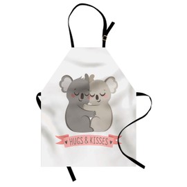 Lunarable Koala Apron, Valentines Day Themed Hugging Australian Bears Loving Couple a Banner, Unisex Kitchen Bib with Adjustable Neck for Cooking Gardening, Adult Size, Pink Beige