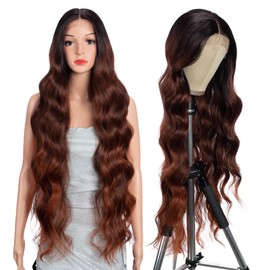 Style Icon Reddish Brown Long Wavy Wig, Synthetic Lace Front Wig for Women, 91 cm, Super Long Body Wave Wig with Baby Hair, 13 x 5 x 1, Centre Parting Lace, Heat Resistant Fibre