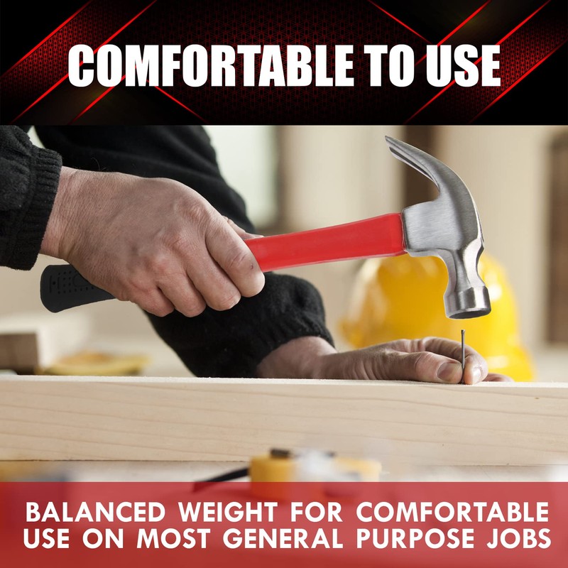 YIYITOOLS Claw Hammer With fiberglass Handle – 16-oz, Red and