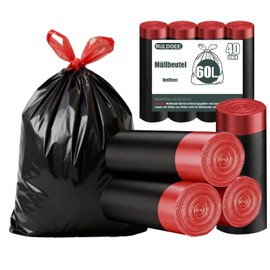 RULDGEE Sacchi della spazzatura da 60 l, con coulisse, 40 pezzi, antistrappo, opachi, neri