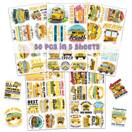 BIGZORO 50 PCS School Bus Driver Pack Stickers Decal Vinyl Waterproof Birthday Gifts for Buses Drivers Dad Men Items Decor Accessories Laptop Water Bottle Transportation Themed Graphics