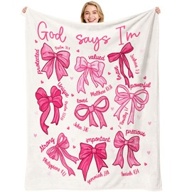 VISSTREE Pink Bow Christian Throw Blanket, Coquettte Bow Flannel Blanket, God Says I Am Bible Verse Religious Gifts for Women Girls Daughter Inspirational Jesus Prayer Home Decor Gift 50 x 60 Inch