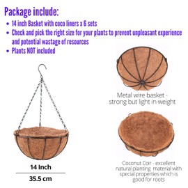 LaLaGreen Hanging Baskets for Outdoor Plants(6 Pack, 14 Inch) Large Hanging Planter with Coco Liner Round Flower Pots, Black Metal Wire Plant Holder Hook Hanger Deck Porch Modern Garden Balcony Decor