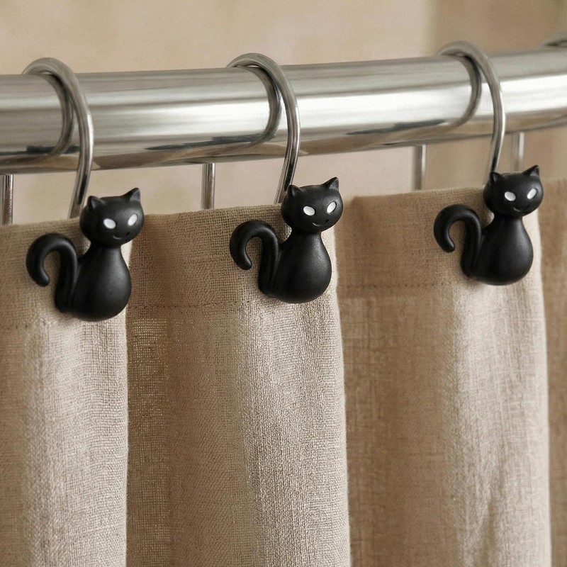 Spooky Halloween Shower Curtain Hooks: Black Cat Decorative Rings, 12Pcs