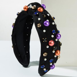 Jumwrit Christmas Wide Top Knot Headband with Pearl Rhinestone for Women Non Slip Sparkly Crystal Embellished Hair Band Pearl Beaded Decoration Fashion Hair Accessories (Multicolor, 6.8 * 5.9inch)