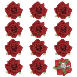 M METERXITY 12-Pack Rose Hair Clips, 2.56 Inch Flower Hairpin Cloth Floral Brooch for Bridal Wedding/Party/Women Hair Accessories, Hair Flowers Headpiece Floral Hair Pins [6.5cm, Red]