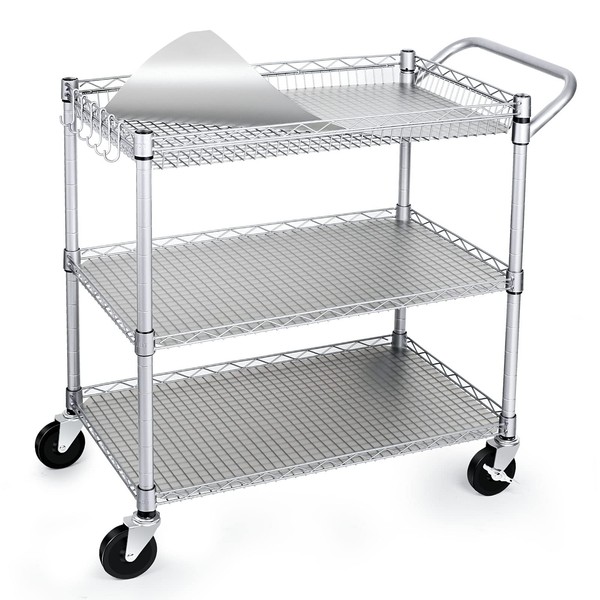 WDT 990Lbs Capacity Heavy Duty Rolling Utility Cart, NSF Rolling Carts with Wheels,Commercial Grade Metal Cart with Handle Bar & Shelf Liner,Trolley Serving Cart for Restaurant,Kitchen,Gray