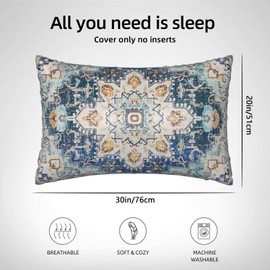 1 Pack Satin Pillowcase for Hair and Skin Boho Blue and Teal Ethnic Carpet Imitation Silk Pillowcase with Hidden Zipper Soft Breathable Smooth Cooling Pillow Cover Queen Size for Bedroom Sofa 20”x30”