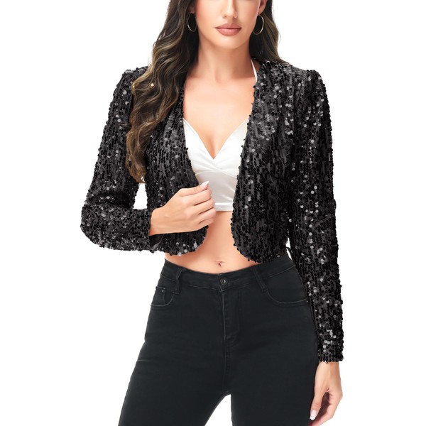 ANNA-KACI Womens Shiny Sequin Long Sleeve Glitter Cropped Blazer Bolero