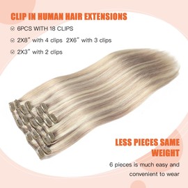 XDhair Clip-In Real Hair Extensions, Blonde Real Hair Extensions, 55 cm, 120 g, 6 Pieces, Clip-In Remy Hair Extensions, Dirty Blonde Highlights Bleach Blonde (#18P613-22 inches)