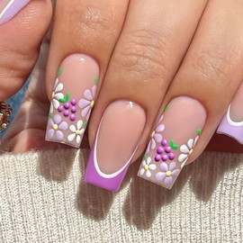Purple French Tip Press on Nails Daisy Flower Fake Nails Glossy Finish Purple Grape Glue on Nails Medium Square Spring Artificial Nails Full Cover False Nails Cute Stick on Nails for Women Manicure